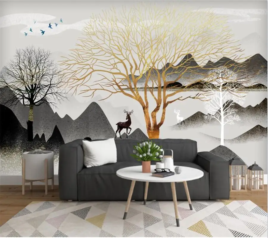 

wellyu Custom mural 3d modern minimalist artistic conception ink landscape rich tree background living room background wallpaper