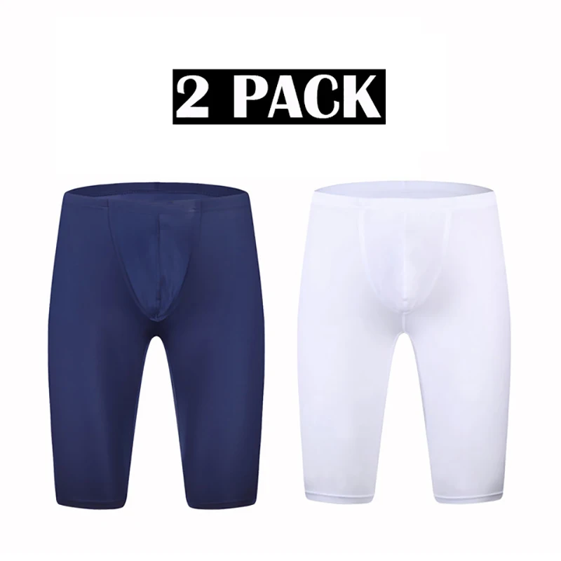 

2 Piece Ice Silk Sleep Bottoms Mens Long Boxer Shorts Sexy Bugle Pouch Pajama Summer Ultra-thin Slip Homme Underwear Sleepwear