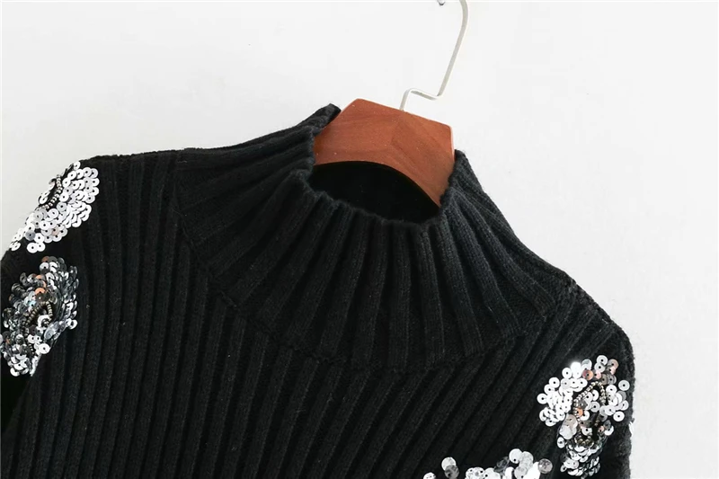 Women Fashion Beading Sequins Loose Knitted Sweaters Vintage High Collar Long Sleeve Female Pullovers Chic Tops