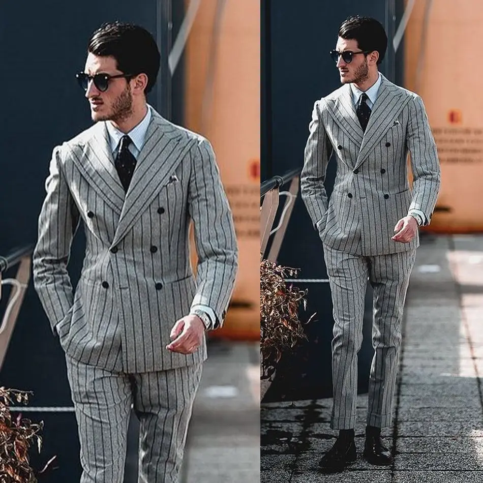 Grey Striped Customized Wedding Tuxedos Slim Fit Double Breasted Jacket Suits Business Party Prom Blazer 2 Piece