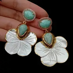 YYGEM Natural White Mother Of Pearl Shell Carved Flower Amazonite Gold Filled Stud Earrings