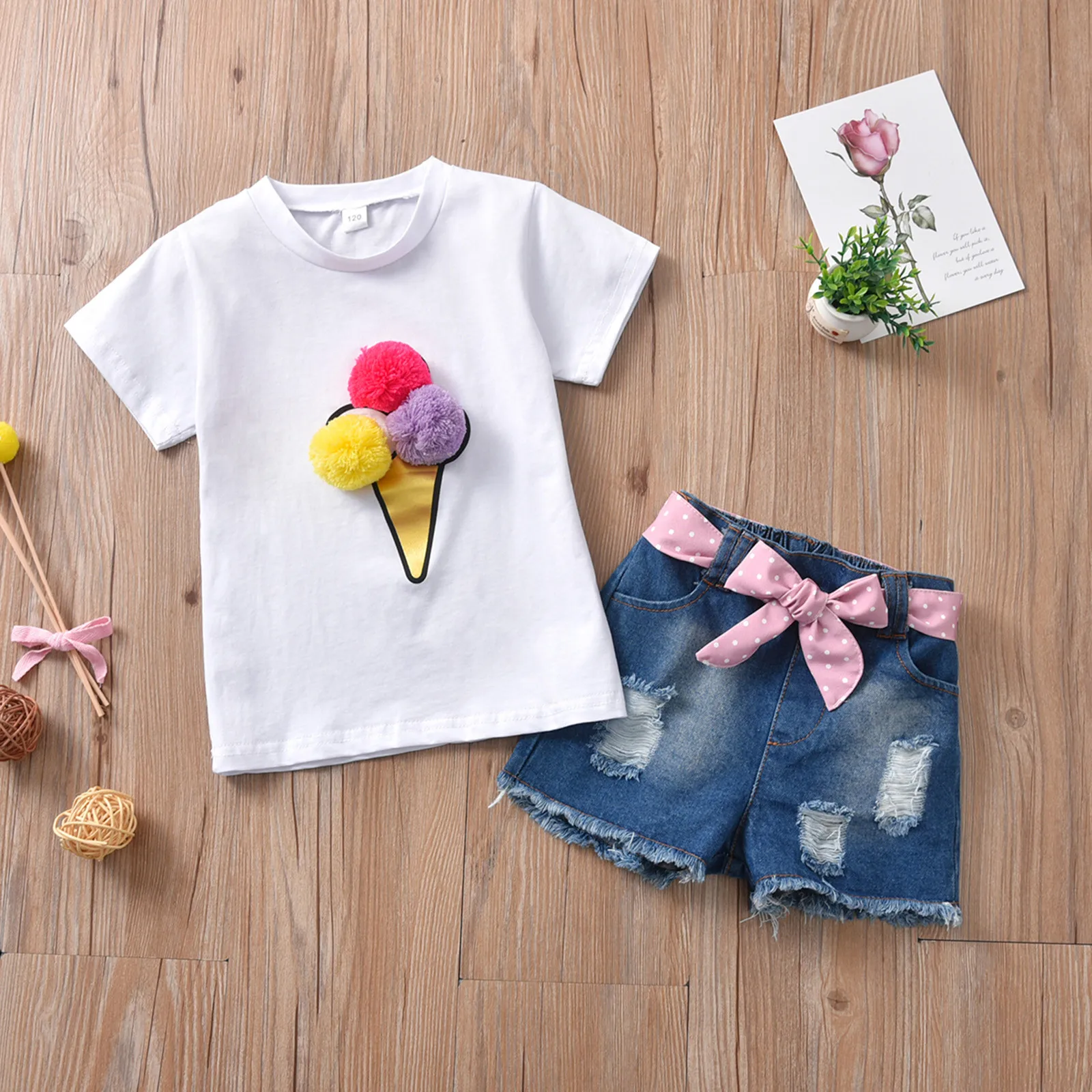 1-6Y Toddler Kids Baby Girl Short Sleeve Ice Cream Ball T-shirt Tops Denim Shorts Jeans 2PCS Summer New Fashion Kids Clothes Set