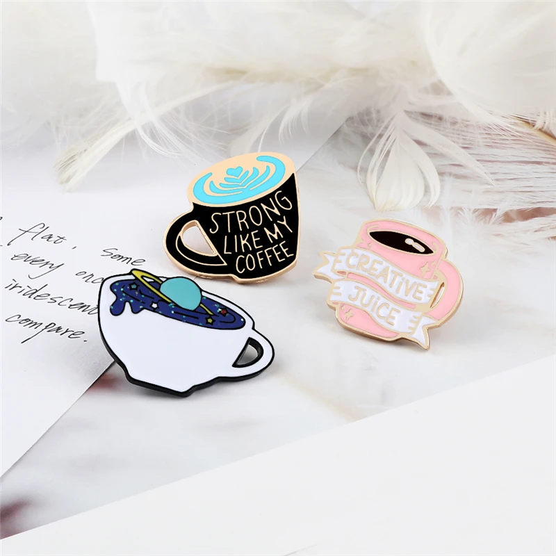 Creative Planet Galactic Cups Brooch Latte Art Coffee Cup Enamel Pins Cartoon Personality Badge Coat Bag Lapel Pin Jewelry Gifts