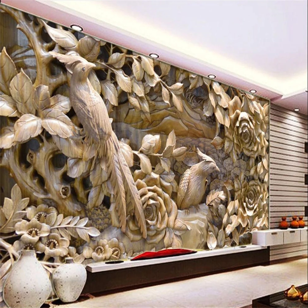 beautiful scenery wallpapers Wood carving flower and bird wallpapers painting mural background wall decoration painting