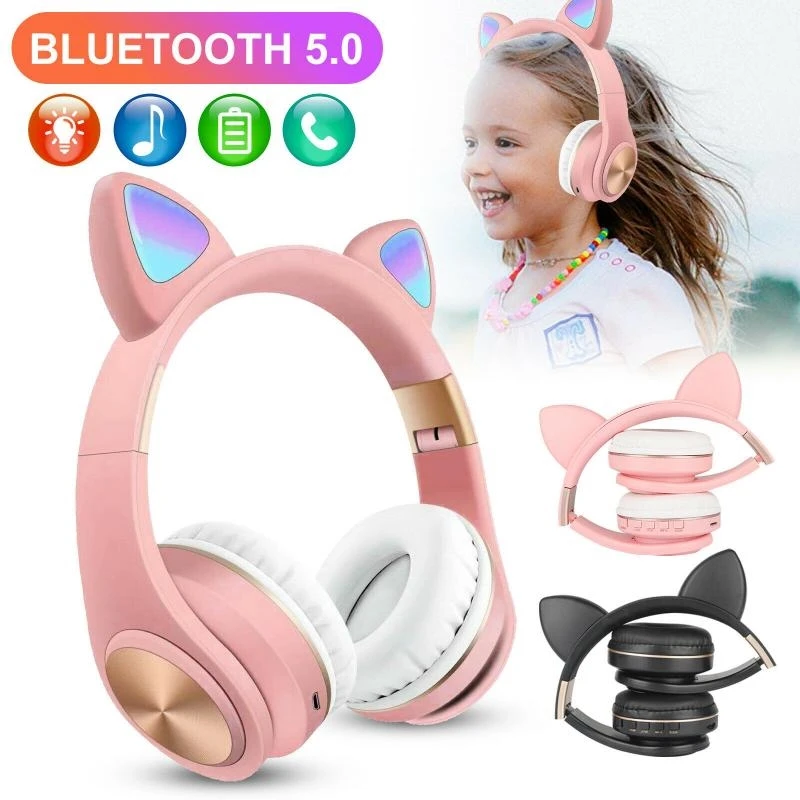 Cute Cat Ears LED Flashing Headphones Bluetooth 5.0 Young People Kids Headset Support TF Card 3.5mm Plug With Mic FM