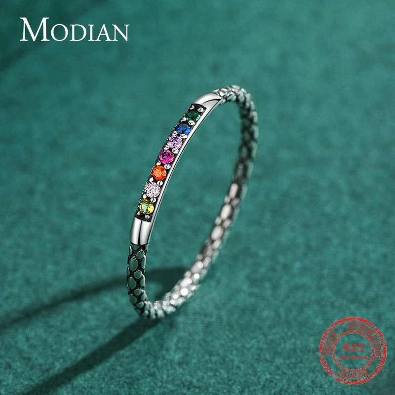 Modian 2021 New 925 Sterling Silver Colorful Rainbow Lucky Vintage Zircon Finger Ring For Women Sparkling CZ Jewelry Gift Bijoux