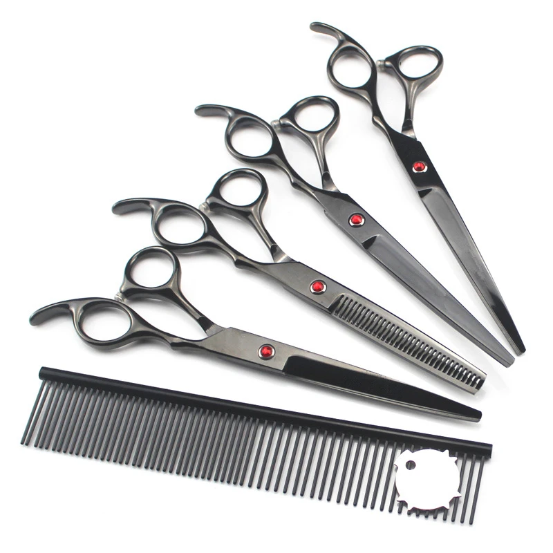 5 kit Japan steel 7 '' black pet dog grooming hair cutting scissors dog thinning barber haircut shears hairdresser scissors set