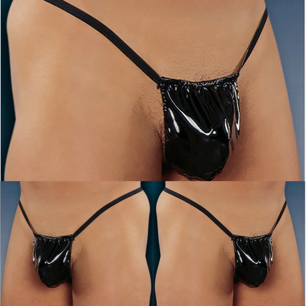 Mens Thongs And G Strings Sexy Low Rise Faux Leather Thong Pouch Underwear G-string Open Buttock T-back Underpants Bikini