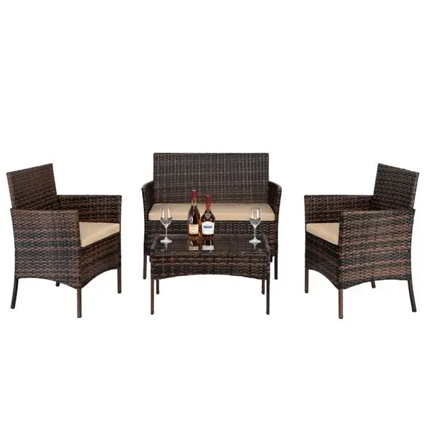 YF-Outdoor 2pcs Arm Chairs 1pc Love Seat & Tempered Glass Coffee Table Rattan Sofa Set Brown Gradient