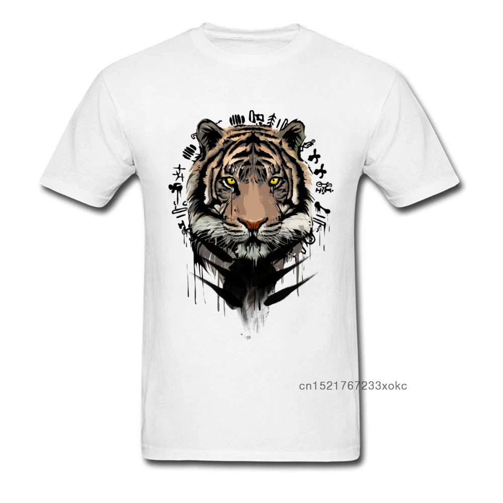 Ink Painting Tiger Print Men White T-shirt Unique Design Adult Chinese Style T Shirt Short Sleeve Cotton Clothing XXXL