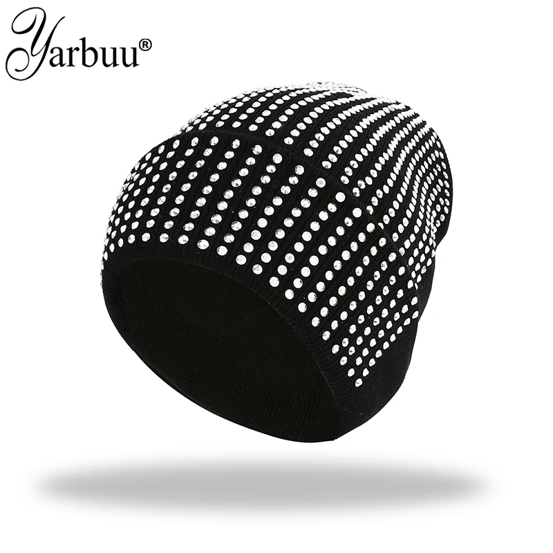 [YARBUU] Women Solid Beanie with Stones Allover Ladies Girls Soft Warm Winter Hat Female Black Hats with Clear Black Crystals