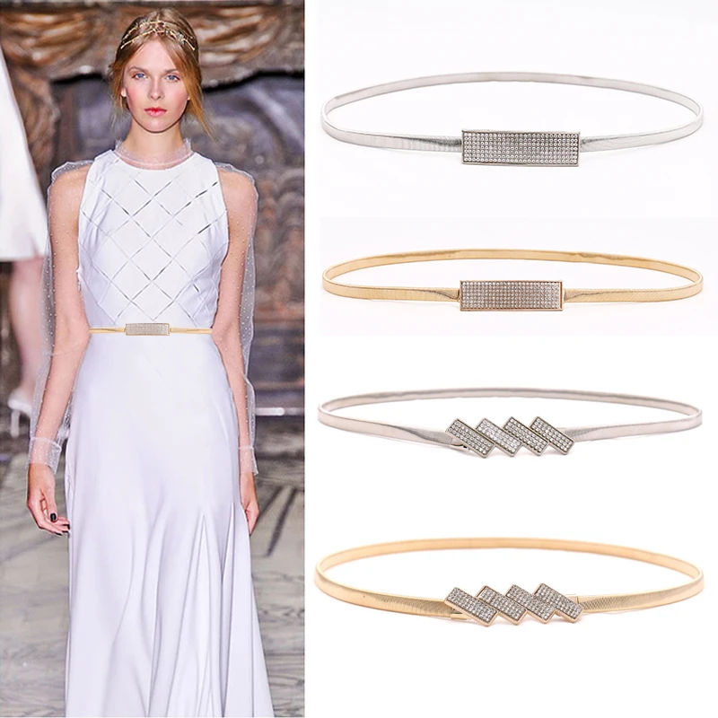 New Silver Gold Metal Belt Double Ring Imitate Rhinestone Lady Waist Belt  Dress Suits Elastic Thin Slim Women Belts Waistband - AliExpress 200000297