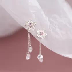 925 Silver Needle Tassel Long Chain Zircon Cherry Blossoms Drop Earring For Women Girls Wedding Elegant Korean Jewelry eh751