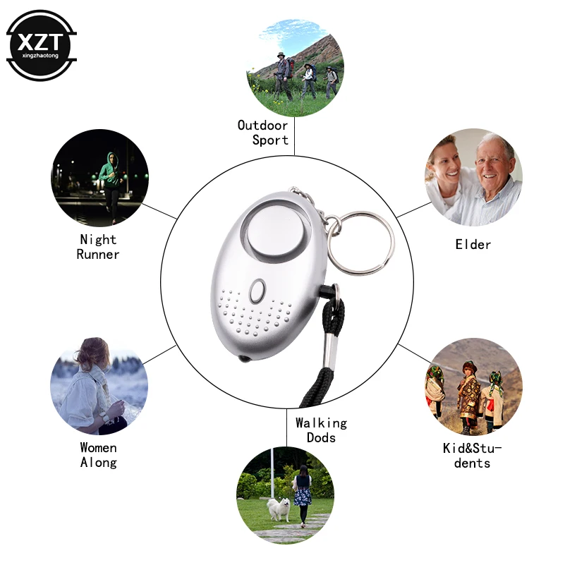 Gantungan kunci Alarm keamanan pribadi 130db, Gantungan Kunci Alarm keamanan pribadi dengan lampu LED, Alarm keselamatan darurat untuk wanita dan anak