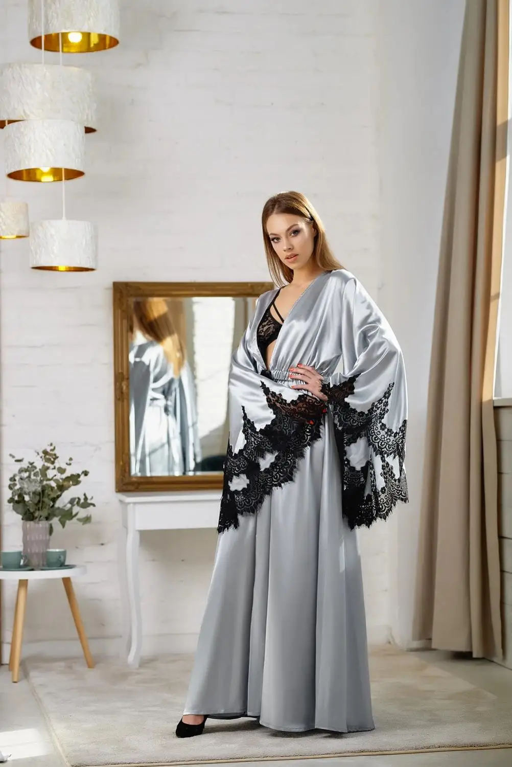 2022 Silver Bridal Bathrobe Nightgown LaceLong Sleeve Bathrobe Pajamas Sleepwear Train Long