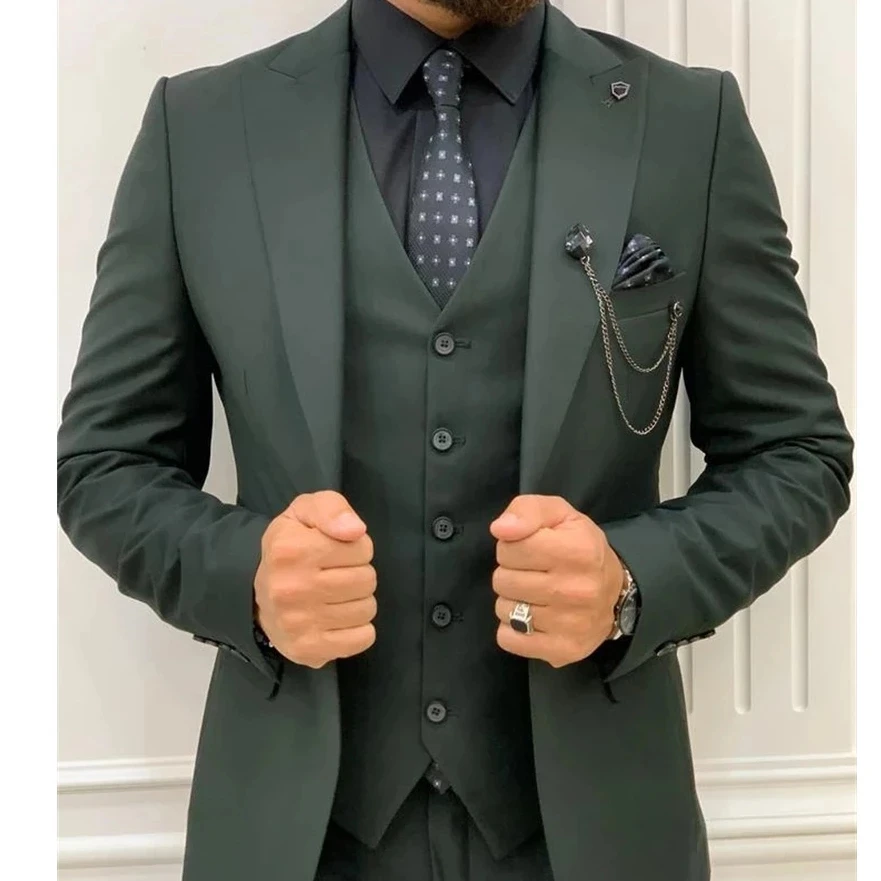 Dark Green Wedding Tuxedos Men Suit Peak Lapel Terno Masculino Slim Fit Groom Prom Man Blazer Custom 3 Pieces Jacket Pant Vest