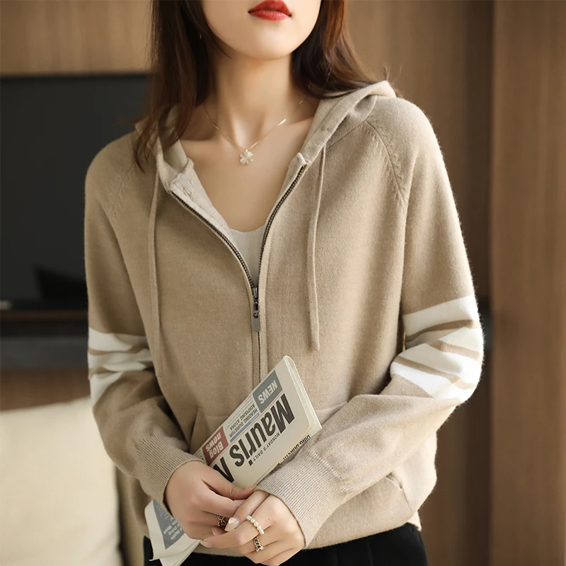 Women Cashmere Sweater Autumn / Winter  Loose TB  Design Hooded Zipper Cashmere Knit Cardigan