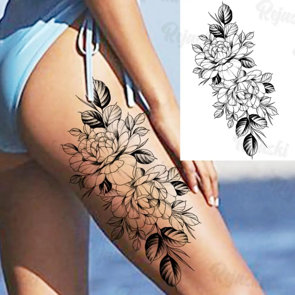 Black Moon Flower Temporary Tattoos Big For Women Girls Realistic Rose Vampire Fake Pendant Tattoo Body Thigh Tatoos Waterproof