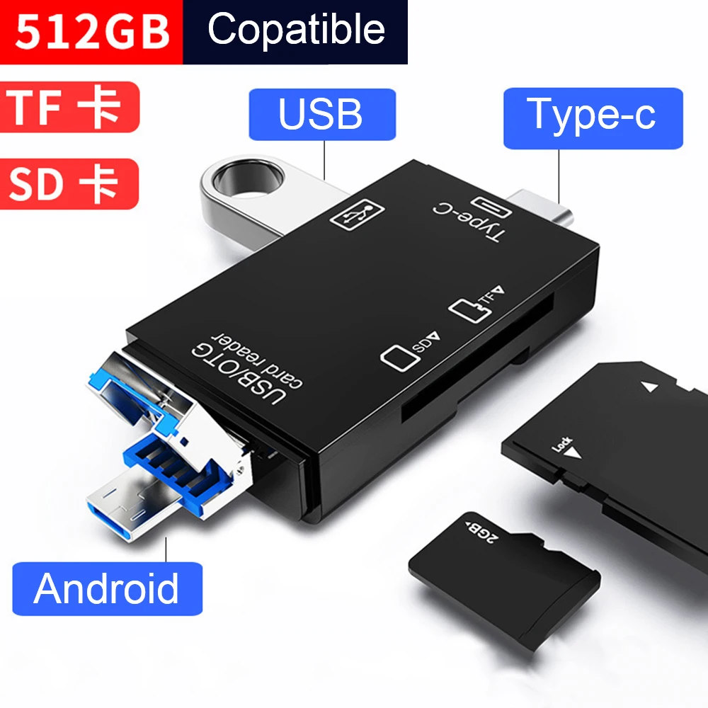 New 6-In-1Card Reader USB2.0 Micro USB 2.0 Type C to SD Micro SD TF  Adapter Smart Memory SD OTG Card Reader for Laptop