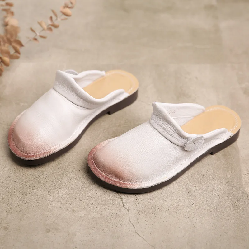 Women Leather Mules 2019 Spring Shoes Ladies White Slippers Genuine Leather Flat Heels Shoes Women Softe Bottom Handmade Mules