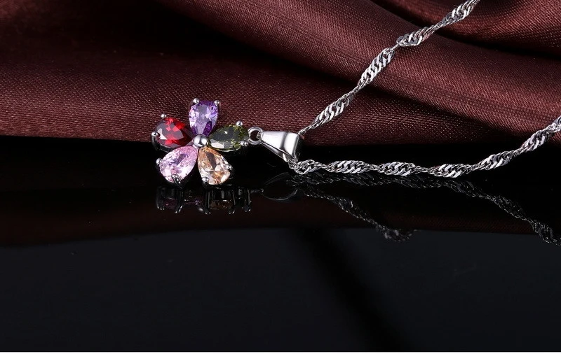 925 Sterling Silver Necklace Earrings Jewelry Sets for Women Female Gift Rainbow Colorful Cubic Zircon Flower Shining Pendants