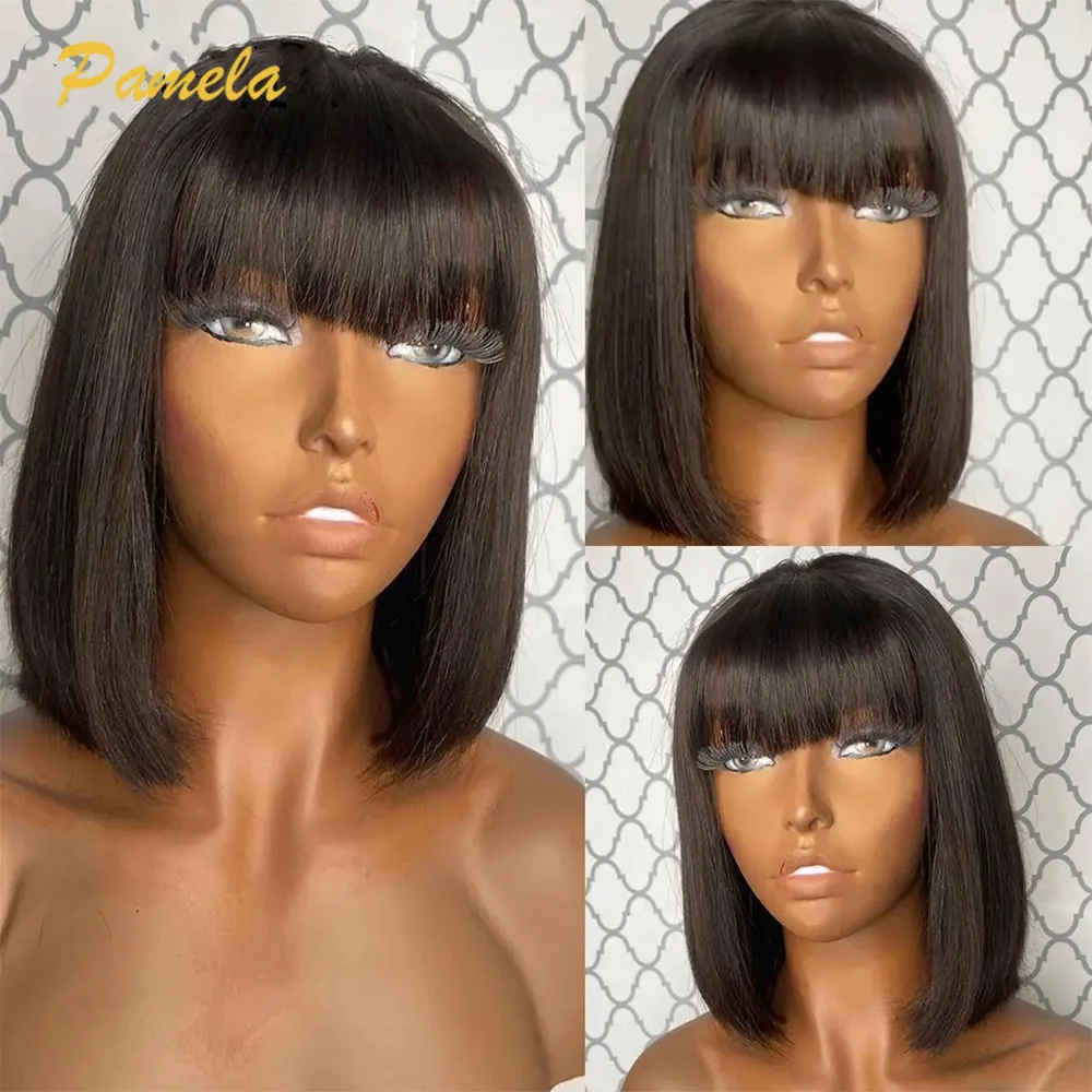 13x4 Short Bob Lace Frontal Wig Bone Straight Lace Front Wig With Bangs Straight Bob Wigs For Women Human Hair 4x4 Closure Wig