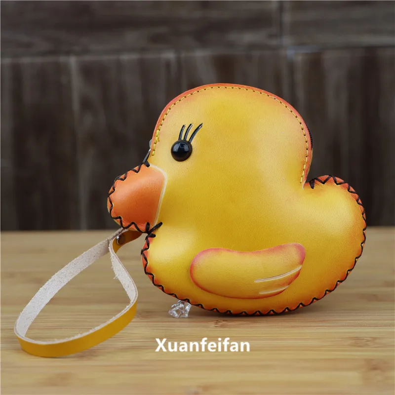 The First Layer Cowhide Duckling Coin Purse Mobile Phone Coin Car Key Storage Messenger Bag Cute Cartoon Hand Bag