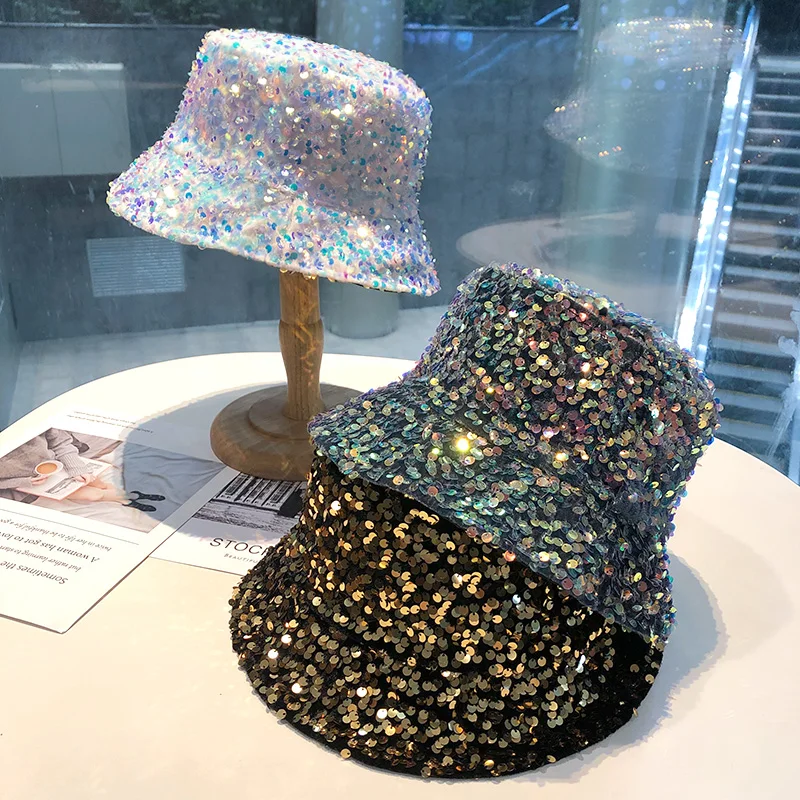 2021 New Ladies Fisherman Hat INS Korean Fashion Sequined Bucket Hats Summer Outdoor Street Wild Thin Basin Cap