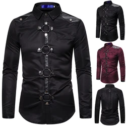 Men New Goth Style Rivet Solid Color Cargo Shirt Slim Fit  Party Singer Stage Streetwear For Men Clothing