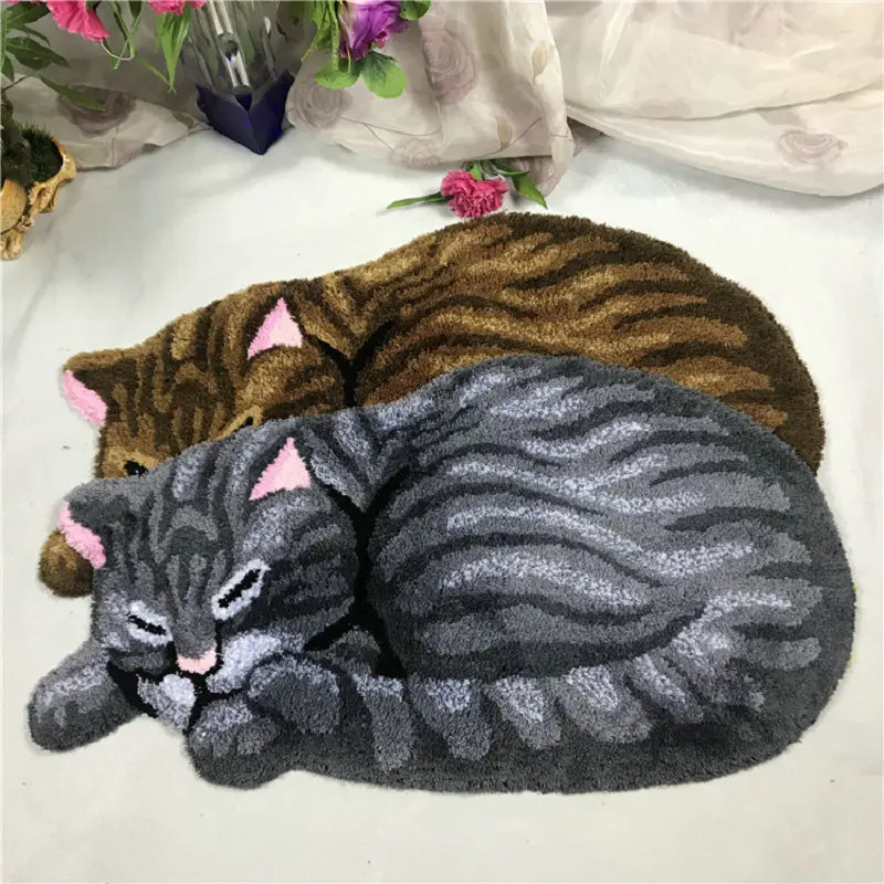 Anti-Slip Plush Hand-Woven Carpet, Cute Cat Shape Rug, Carpet Mat, Living Room, Bathroom, Doormat, Gray, Brown, Cats Fl