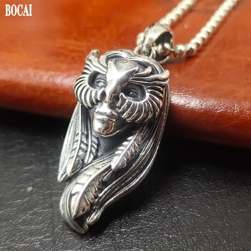 BOCAI New 100% s925 Silver Retro Personality Mask Goddess Pendant for Man and Woman 2021 Trend Hip-Hop Rock Jewelry