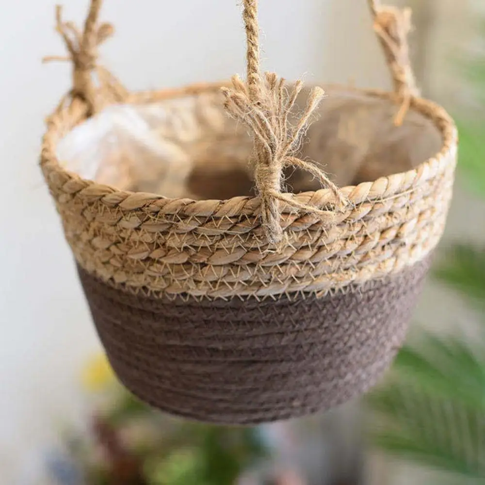 Straw Hanging Planter Basket Indoor Plant Hanging Storage Baskets Hand Knitting Woven Flower Pot Rattan Patio Garden Decoration