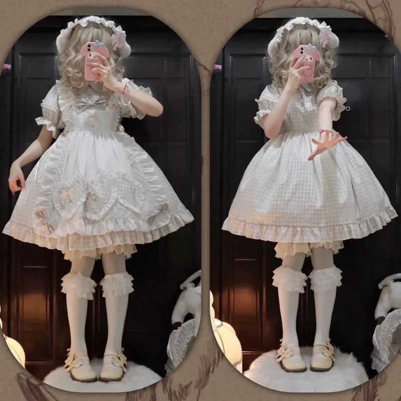 Lolita Süße Mädchen Kurzarm Op Nette Täglichen Weichen Mädchen Kleid Plaid Hohe Taille Viktorianischen Kleid Kawaii Mädchen Lolita Op cos Loli