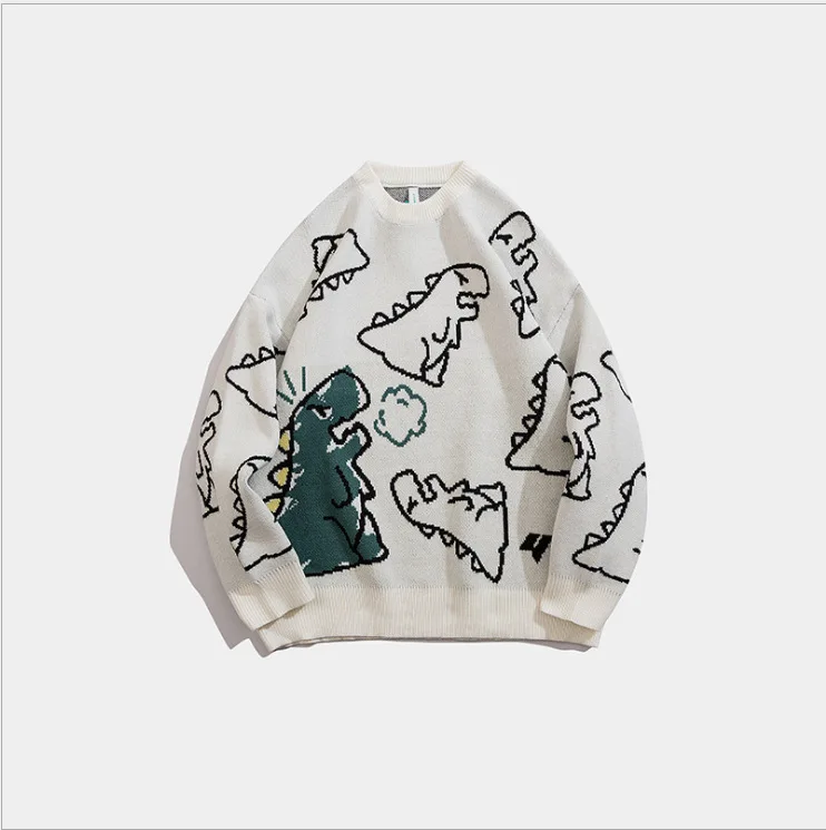 Tide Brand Country Tide Cartoon Full Print Round Neck Sweater Male Hip Hop INS Loose Dinosaur Couple Knit Harajuku Line Clothes