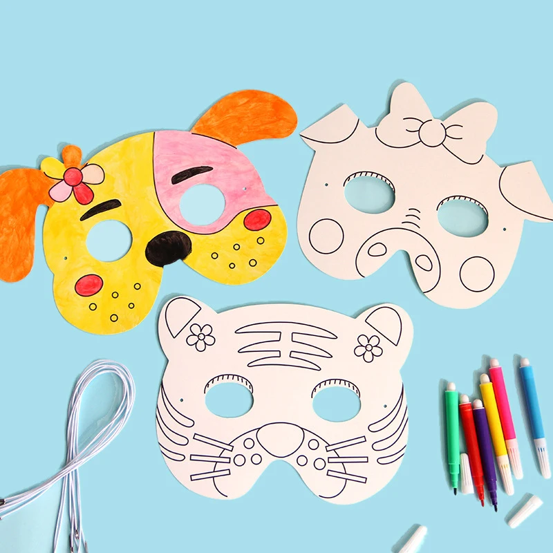 Máscaras de pintura de animales de dibujos animados para niños, juguetes creativos de manualidades para colorear, grafiti de jardín de infantes de colores, 8 piezas