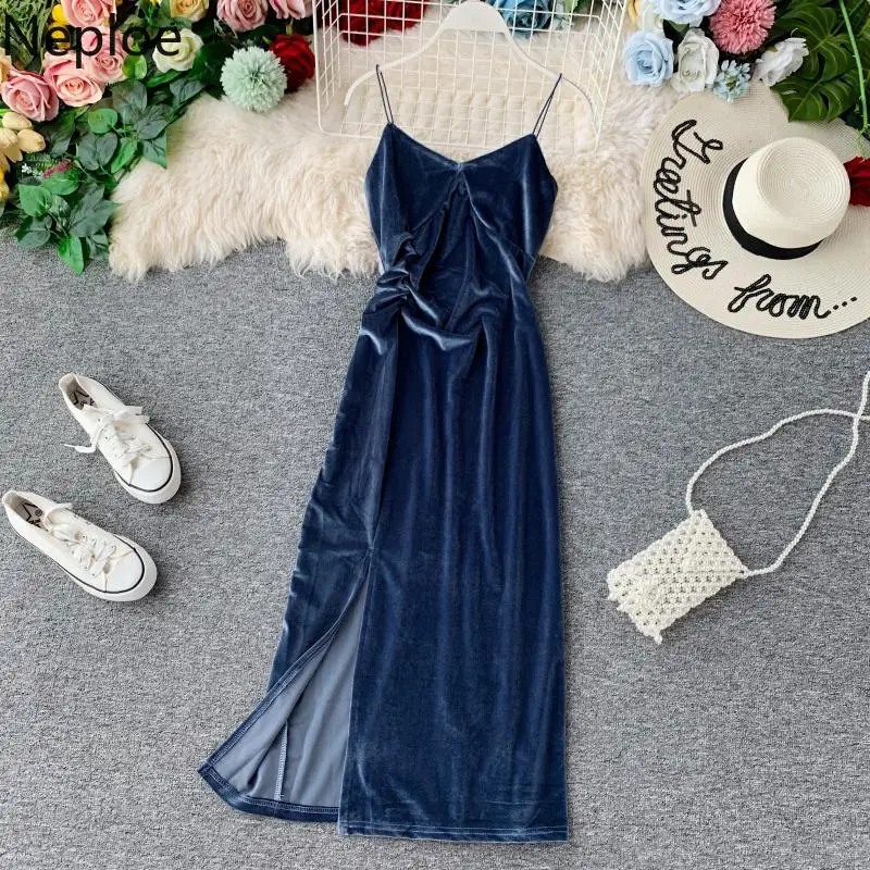 Neploe Autumn Winter Women Dresses Retro Velet Spaghetti Strap Sweet Camis Split Vestido V-Neck Sleeveless Vintage Elastic Robe