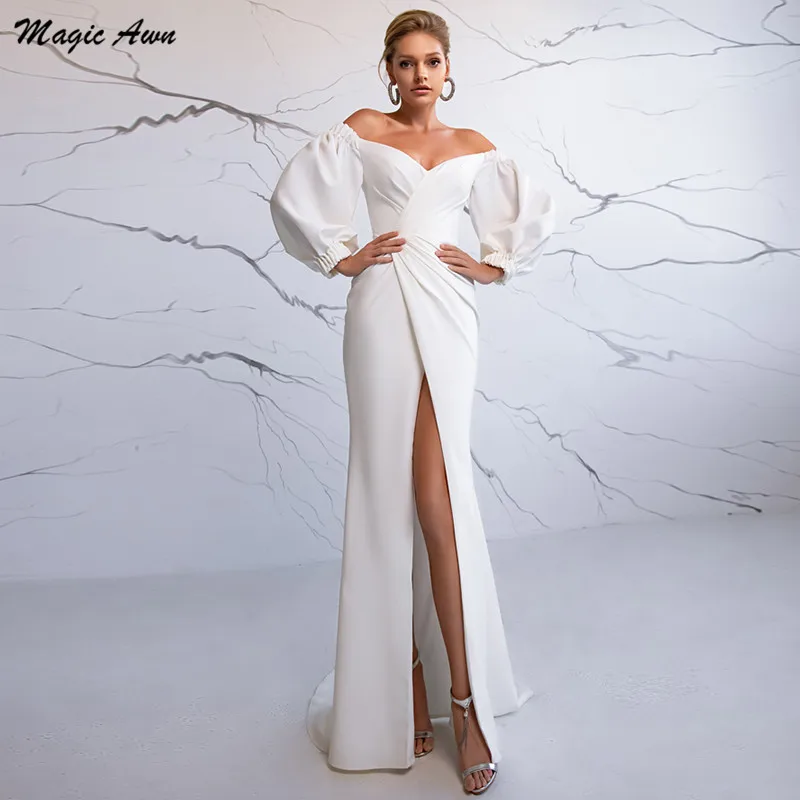 

Magic Awn Modest White Satin Wedding Dresses Mermaid Side Slit Off The Shoulder Puffy Sleebes Simple Bridal Gowns Robes Mariee