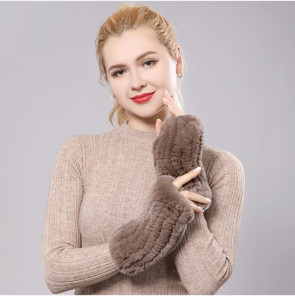 New Women 100% Real Genuine Knitted Rex Rabbit Fur Mittens Winter Warm Lady Real Fur Fingerless Gloves Handmade Knit Fur Mitten