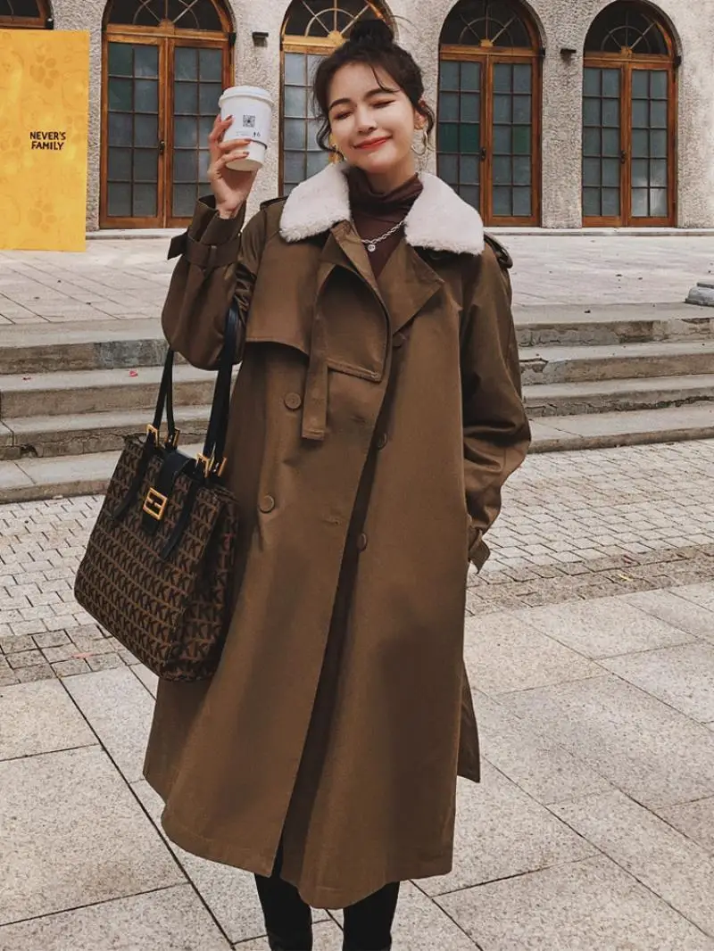 Winter Women Mid-Length Over The Knee Warm Coat Belt Waist Thin Cotton Coats with Fur Collar Thick Caramel Female Windbreaker