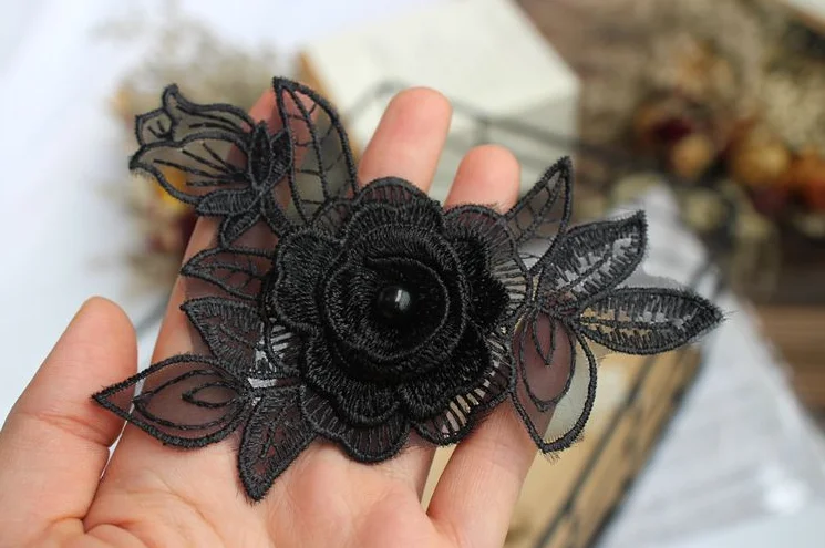 5 piezas 12*8cm alta calidad 3D Mini escote apliques de encaje suministros de costura Collar de tela de encaje negro bordado