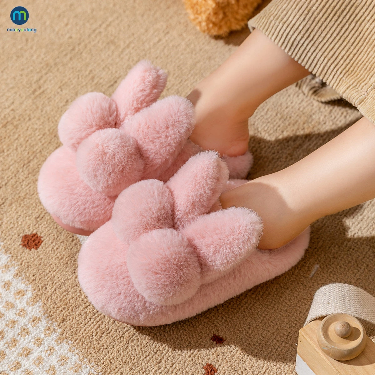 Children\'s Home Cotton Slippers Rabbit Non-slip Indoor Warm In Winter Fluffy Slippers Pink Girls Shoes Slippers Kids Miaoyoutong