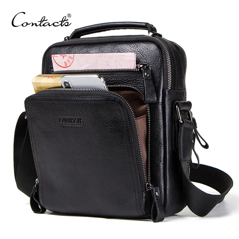 CONTACT\'S 100% Genuine Leather Men Shoulder Bag Crossbody Bags for Men High Quality Bolsas Fashion Messenger Bag for 9.7\