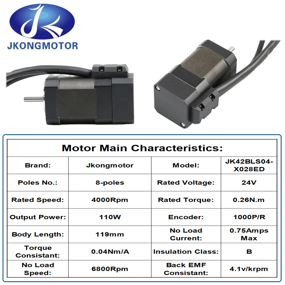 JK42BLS04-X028ED BLDC Servo Motor L=119mm 24V 110W 8-poles 0.26N.m Brushless DC Servo Motor with Encoder 1000P/R For DIY Design