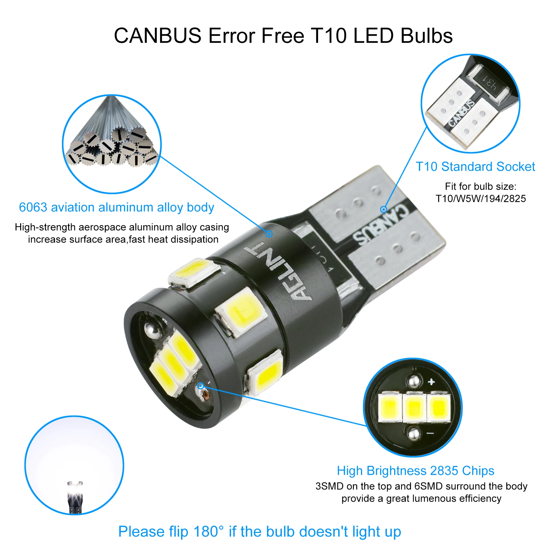 AGLINT 10pcs T10 W5W Led Canbus 오류 없음 194 168 2825 9-SMD 2835 칩셋 자동차 돔지도 도어 트렁크 번호판 조명 흰색 썸네일 3