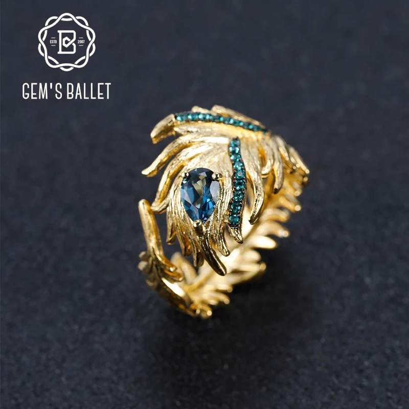 

GEM'S BALLET 925 Sterling Silver Golden Feather Adjustable Ring for Women 0.47Ct Natural London Blue Topaz Rings Fine Jewelry