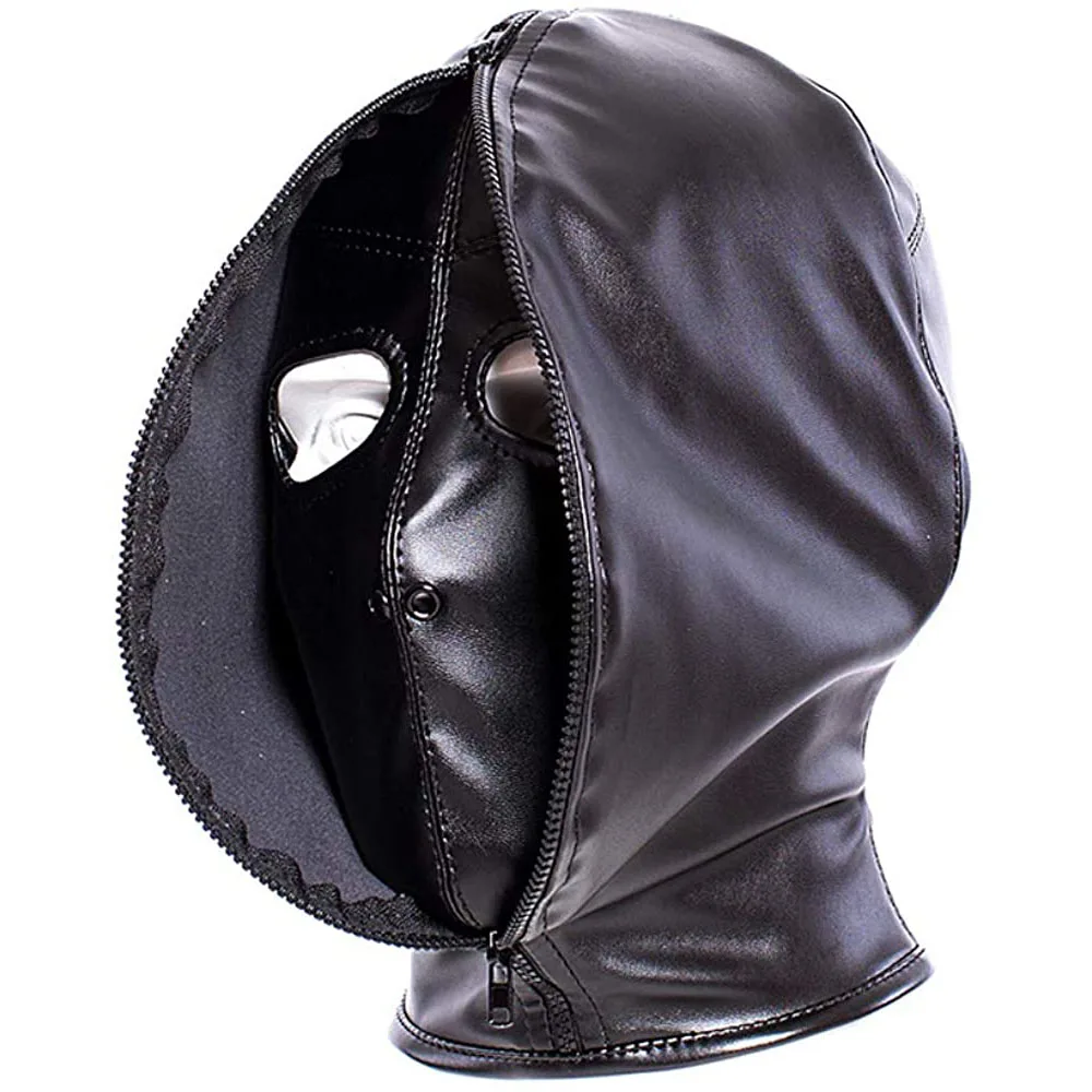 Leder Haube Auge Maske, Schwarz Mysterious Cosplay Spitze Up Maske Volle Gesicht Kopfbedeckungen, Terror Masquerade Party Dance Leistung