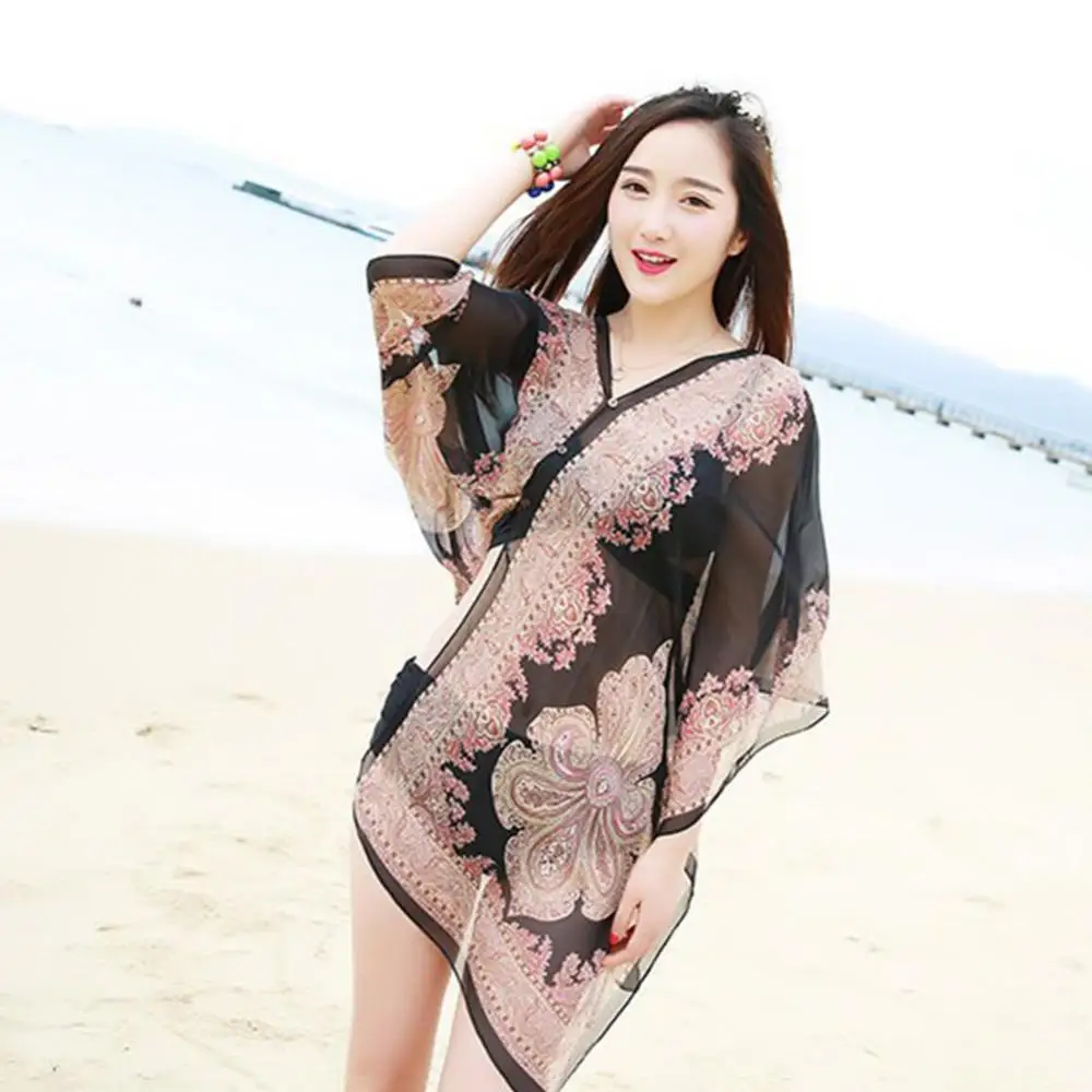 Women Summer Beach Bikini Cover Up Loose Chiffon Blouse Shawl Scarf bikini cover up beach dress beachwear ropa mujer 2021 платье