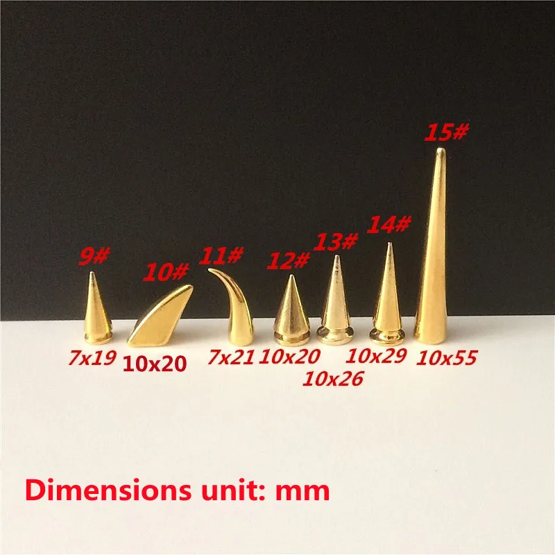 All Kinds of Gold Metal Screwback Cone Studs Bullet Spike Stud Punk Bag Belt Shoes Clothes Leathercraft Cone Rivet DIY