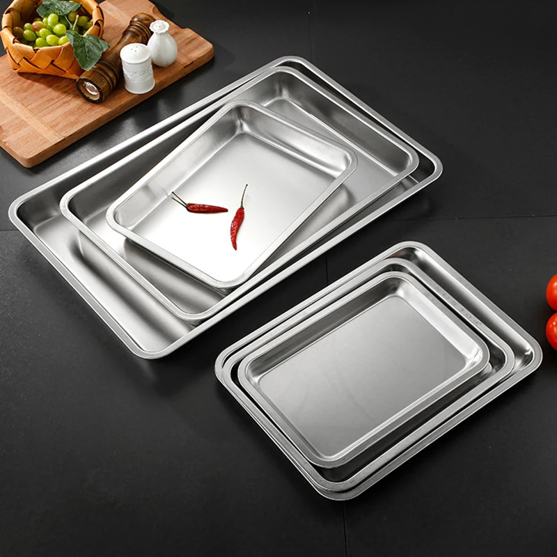 Stainless Steel Food Storage Tray Flat Bottom Trays Fruit Vegetable Plate Kitchen Bread Baking Pan