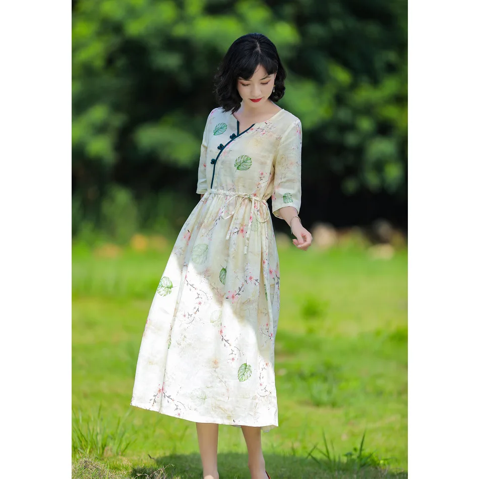 Summer Autumn New Original Women's Clothes Art Linen Print Long Dress Summer Women's Clothing Special Occasion Dresses